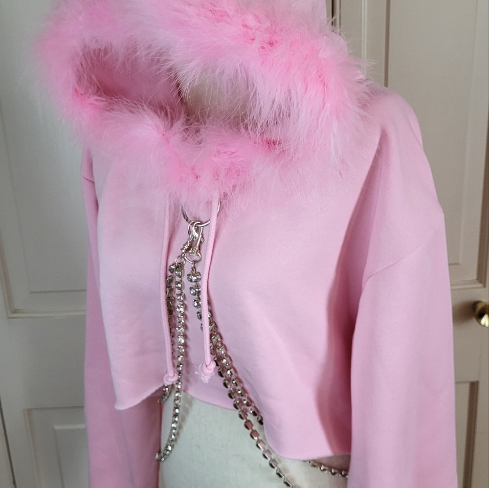 Dollskill Sugar Thrillz Pink Feather Chain Hoodie Crop Thumb Holes sz S Great